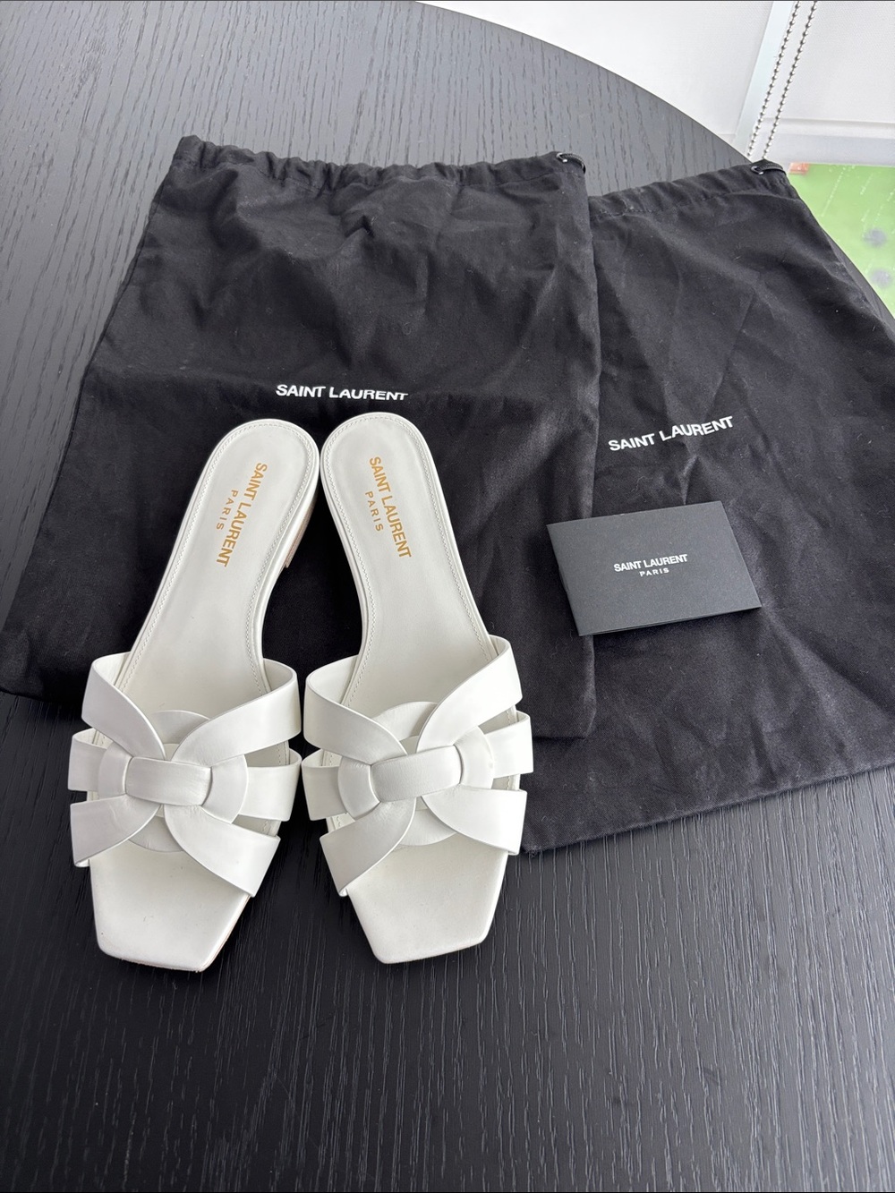 Saint Laurent Tribute White Leather Woven Slide Sandals EU 37 Authentic